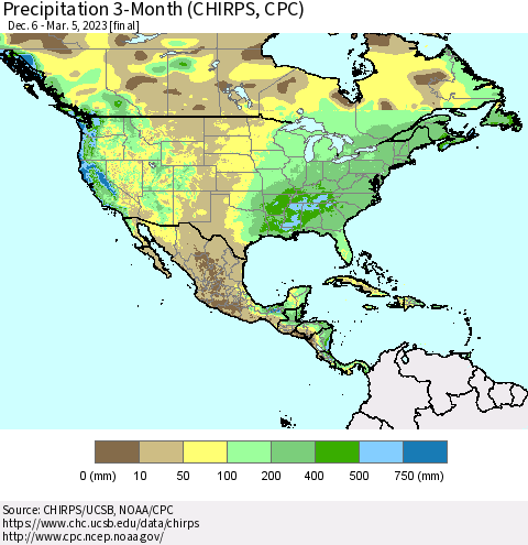 North America Precipitation 3-Month (CHIRPS) Thematic Map For 12/6/2022 - 3/5/2023