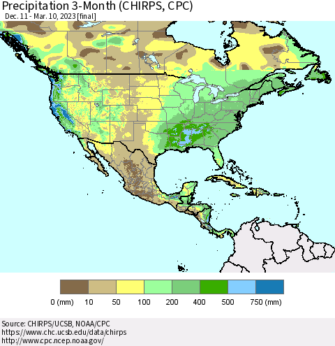 North America Precipitation 3-Month (CHIRPS) Thematic Map For 12/11/2022 - 3/10/2023