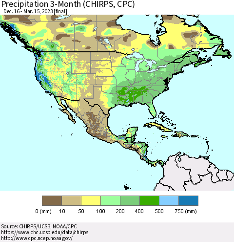 North America Precipitation 3-Month (CHIRPS) Thematic Map For 12/16/2022 - 3/15/2023