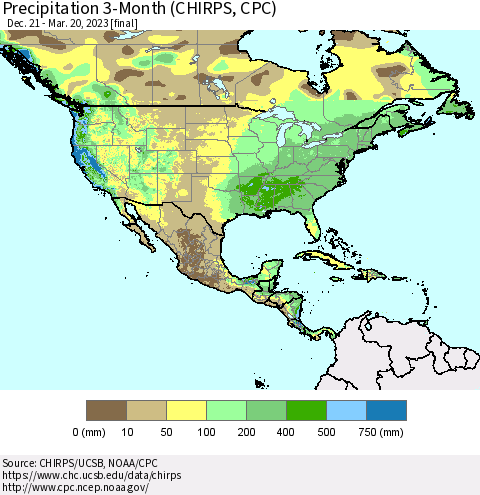 North America Precipitation 3-Month (CHIRPS) Thematic Map For 12/21/2022 - 3/20/2023