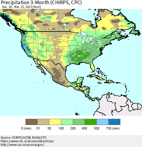 North America Precipitation 3-Month (CHIRPS) Thematic Map For 12/26/2022 - 3/25/2023
