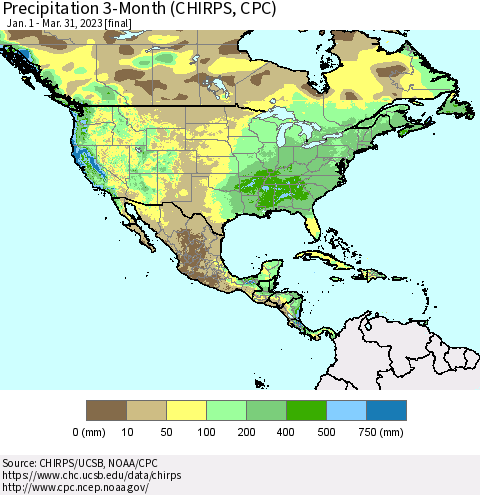 North America Precipitation 3-Month (CHIRPS) Thematic Map For 1/1/2023 - 3/31/2023