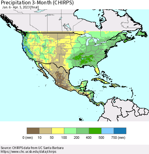 North America Precipitation 3-Month (CHIRPS) Thematic Map For 1/6/2023 - 4/5/2023