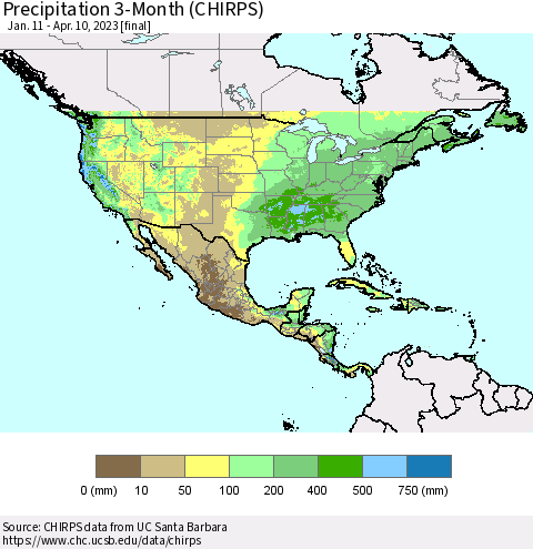 North America Precipitation 3-Month (CHIRPS) Thematic Map For 1/11/2023 - 4/10/2023