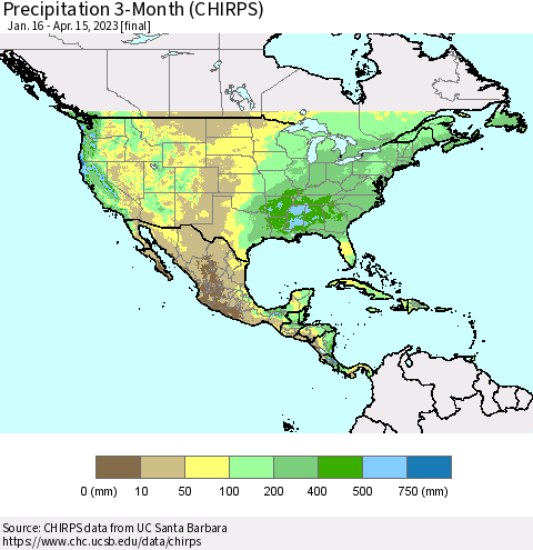 North America Precipitation 3-Month (CHIRPS) Thematic Map For 1/16/2023 - 4/15/2023