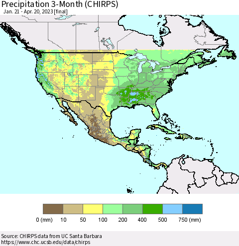 North America Precipitation 3-Month (CHIRPS) Thematic Map For 1/21/2023 - 4/20/2023