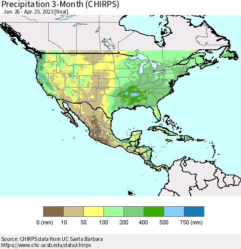 North America Precipitation 3-Month (CHIRPS) Thematic Map For 1/26/2023 - 4/25/2023