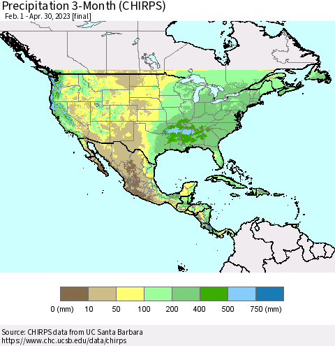 North America Precipitation 3-Month (CHIRPS) Thematic Map For 2/1/2023 - 4/30/2023