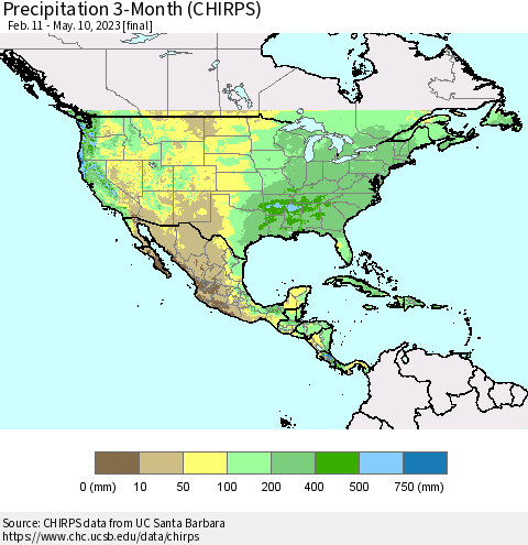 North America Precipitation 3-Month (CHIRPS) Thematic Map For 2/11/2023 - 5/10/2023