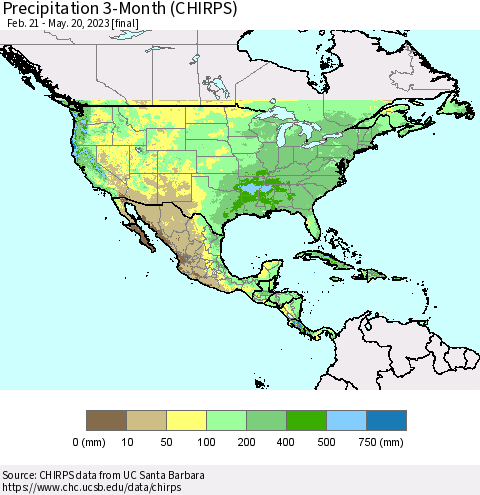North America Precipitation 3-Month (CHIRPS) Thematic Map For 2/21/2023 - 5/20/2023