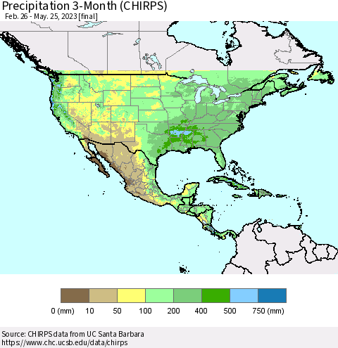 North America Precipitation 3-Month (CHIRPS) Thematic Map For 2/26/2023 - 5/25/2023