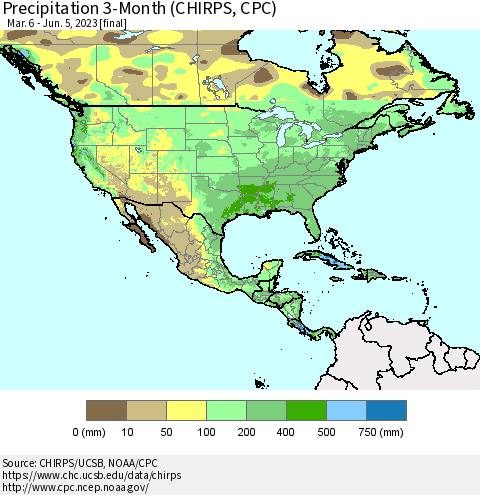 North America Precipitation 3-Month (CHIRPS) Thematic Map For 3/6/2023 - 6/5/2023