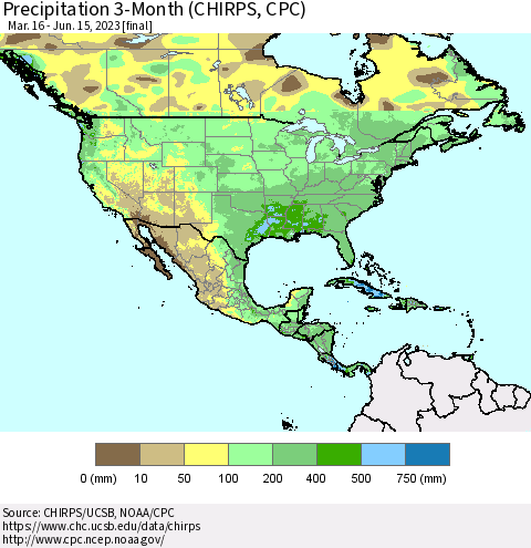 North America Precipitation 3-Month (CHIRPS) Thematic Map For 3/16/2023 - 6/15/2023