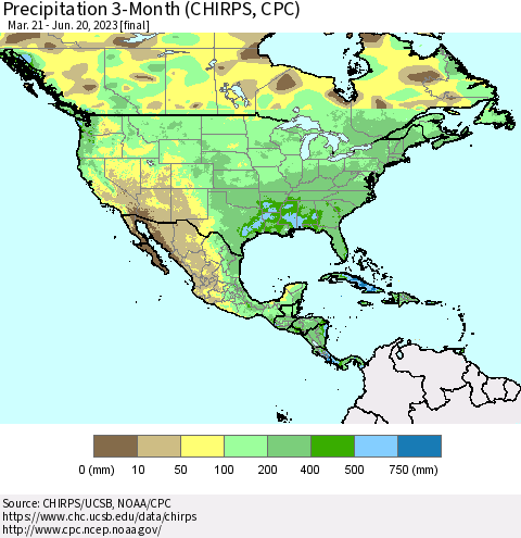 North America Precipitation 3-Month (CHIRPS) Thematic Map For 3/21/2023 - 6/20/2023