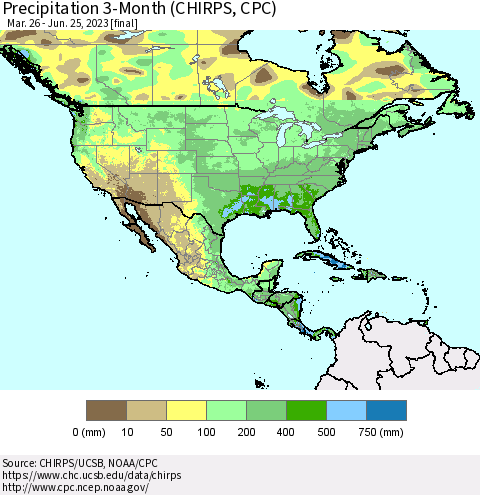 North America Precipitation 3-Month (CHIRPS) Thematic Map For 3/26/2023 - 6/25/2023