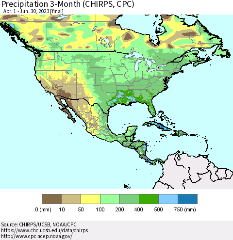 North America Precipitation 3-Month (CHIRPS) Thematic Map For 4/1/2023 - 6/30/2023