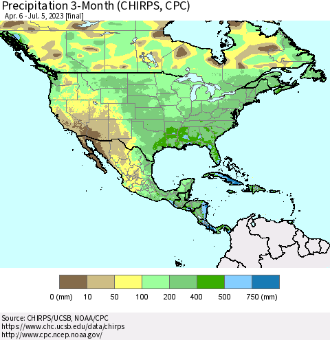 North America Precipitation 3-Month (CHIRPS) Thematic Map For 4/6/2023 - 7/5/2023