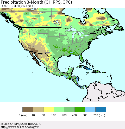 North America Precipitation 3-Month (CHIRPS) Thematic Map For 4/11/2023 - 7/10/2023
