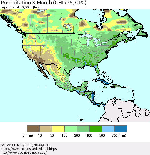 North America Precipitation 3-Month (CHIRPS) Thematic Map For 4/21/2023 - 7/20/2023