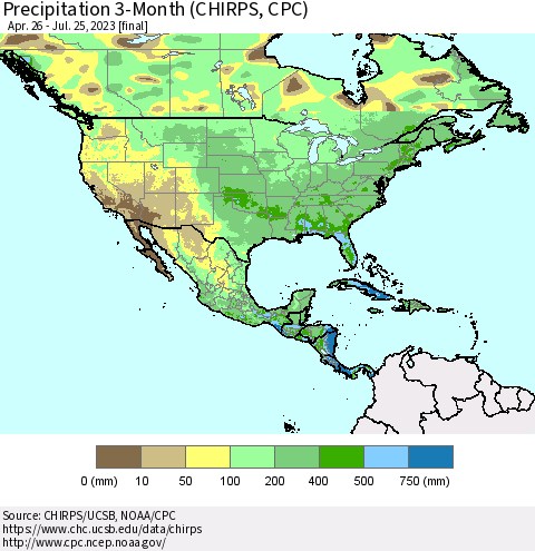 North America Precipitation 3-Month (CHIRPS) Thematic Map For 4/26/2023 - 7/25/2023
