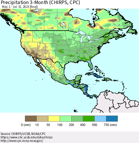 North America Precipitation 3-Month (CHIRPS) Thematic Map For 5/1/2023 - 7/31/2023