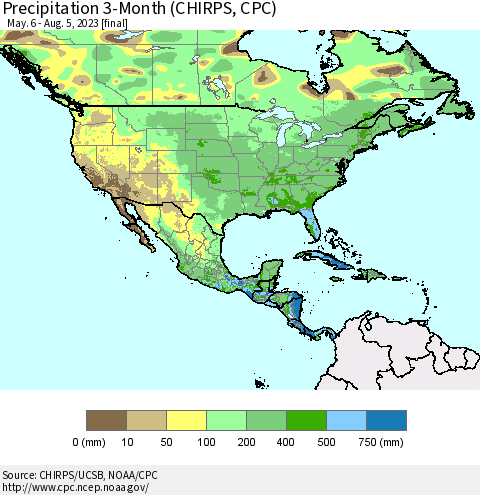 North America Precipitation 3-Month (CHIRPS) Thematic Map For 5/6/2023 - 8/5/2023