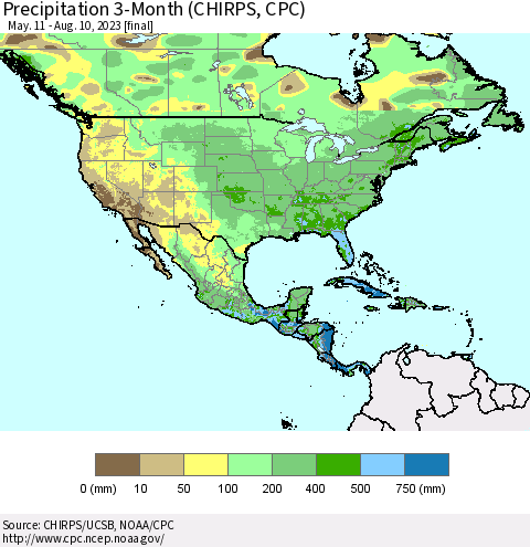 North America Precipitation 3-Month (CHIRPS) Thematic Map For 5/11/2023 - 8/10/2023