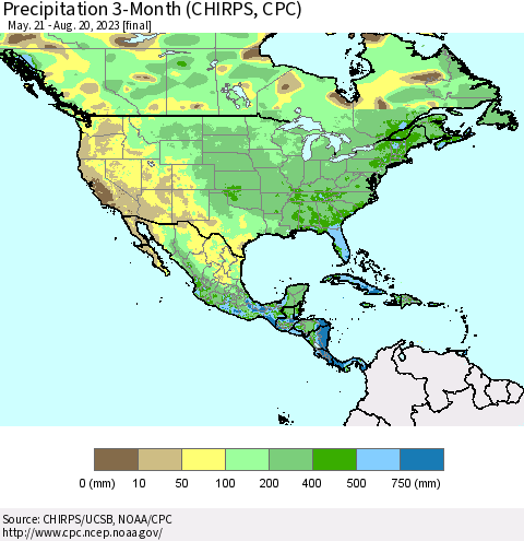 North America Precipitation 3-Month (CHIRPS) Thematic Map For 5/21/2023 - 8/20/2023