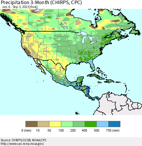 North America Precipitation 3-Month (CHIRPS) Thematic Map For 6/6/2023 - 9/5/2023