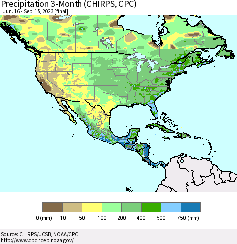 North America Precipitation 3-Month (CHIRPS) Thematic Map For 6/16/2023 - 9/15/2023