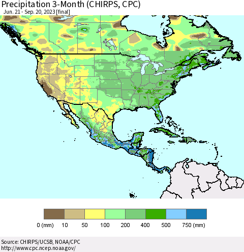 North America Precipitation 3-Month (CHIRPS) Thematic Map For 6/21/2023 - 9/20/2023