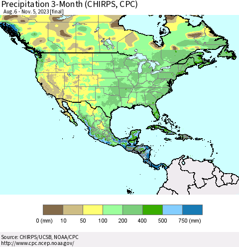 North America Precipitation 3-Month (CHIRPS) Thematic Map For 8/6/2023 - 11/5/2023