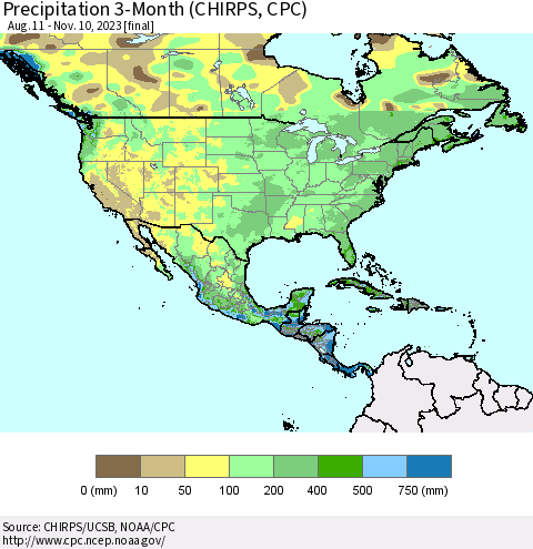 North America Precipitation 3-Month (CHIRPS) Thematic Map For 8/11/2023 - 11/10/2023