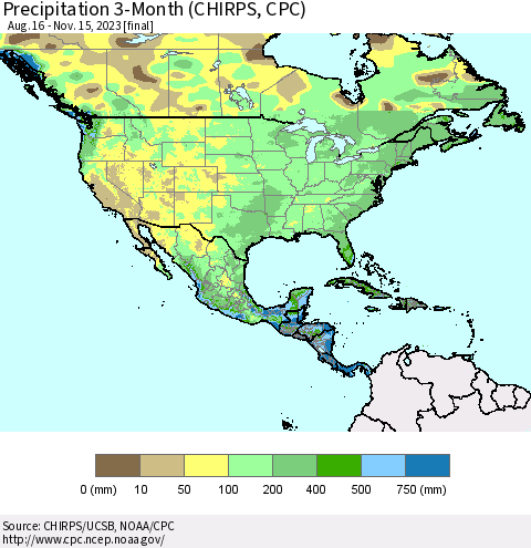 North America Precipitation 3-Month (CHIRPS) Thematic Map For 8/16/2023 - 11/15/2023