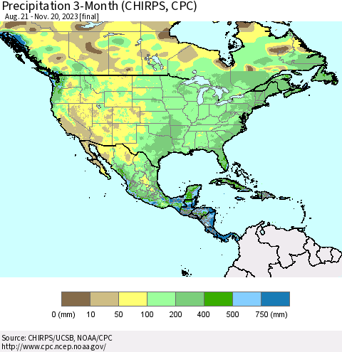 North America Precipitation 3-Month (CHIRPS) Thematic Map For 8/21/2023 - 11/20/2023