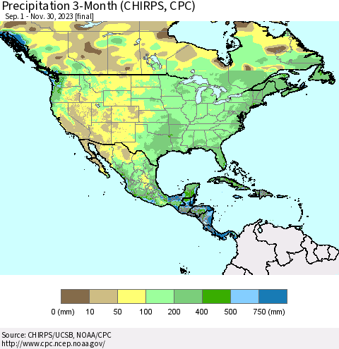 North America Precipitation 3-Month (CHIRPS) Thematic Map For 9/1/2023 - 11/30/2023