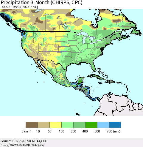 North America Precipitation 3-Month (CHIRPS) Thematic Map For 9/6/2023 - 12/5/2023