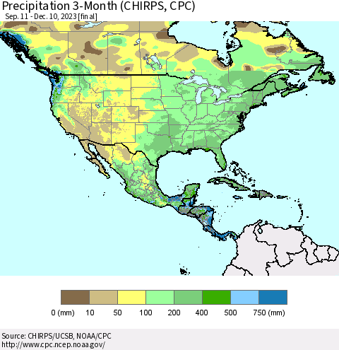 North America Precipitation 3-Month (CHIRPS) Thematic Map For 9/11/2023 - 12/10/2023