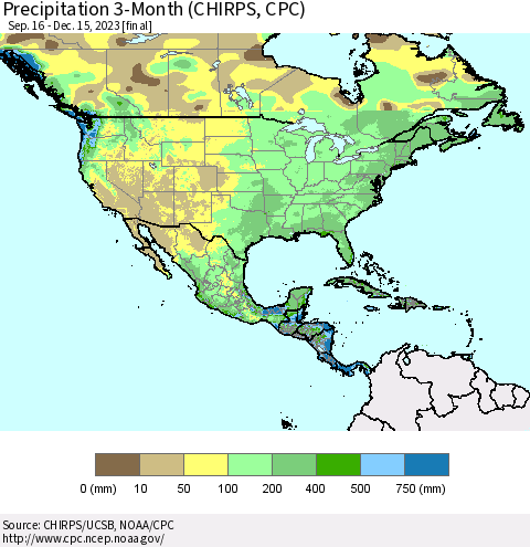 North America Precipitation 3-Month (CHIRPS) Thematic Map For 9/16/2023 - 12/15/2023