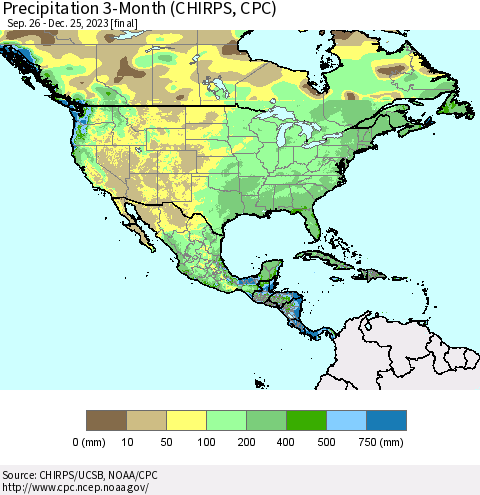 North America Precipitation 3-Month (CHIRPS) Thematic Map For 9/26/2023 - 12/25/2023