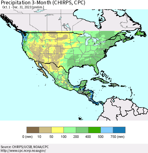 North America Precipitation 3-Month (CHIRPS) Thematic Map For 10/1/2023 - 12/31/2023