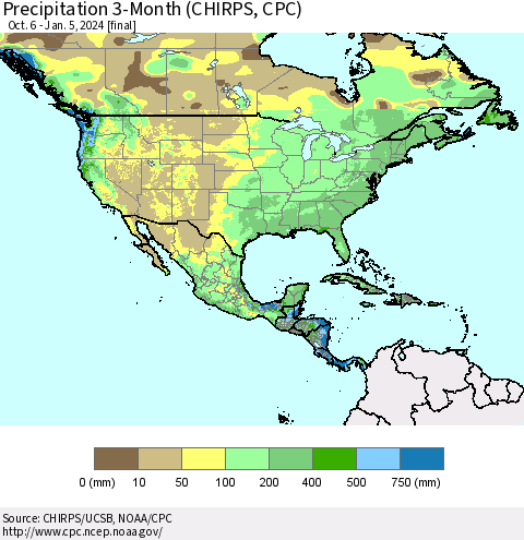 North America Precipitation 3-Month (CHIRPS) Thematic Map For 10/6/2023 - 1/5/2024
