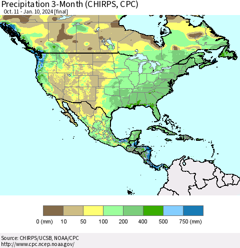 North America Precipitation 3-Month (CHIRPS) Thematic Map For 10/11/2023 - 1/10/2024