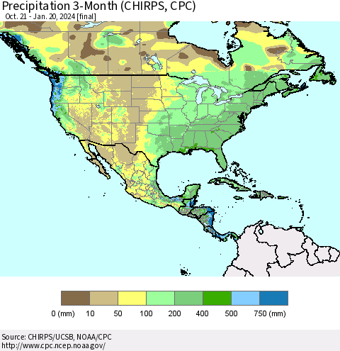 North America Precipitation 3-Month (CHIRPS) Thematic Map For 10/21/2023 - 1/20/2024
