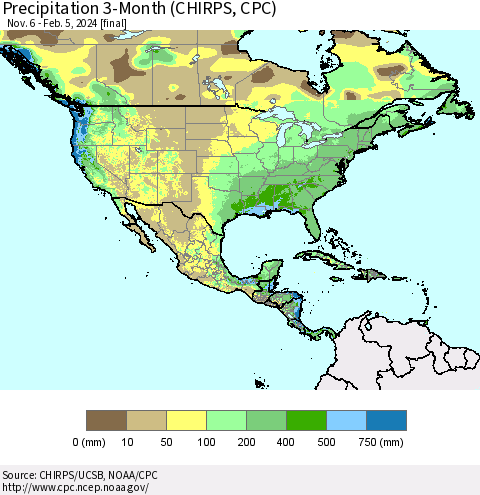 North America Precipitation 3-Month (CHIRPS) Thematic Map For 11/6/2023 - 2/5/2024