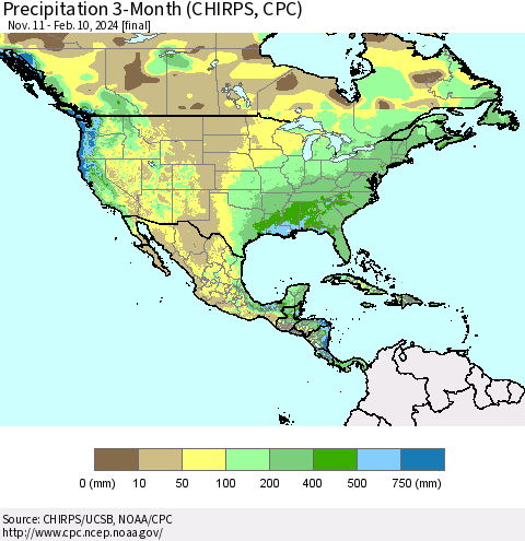 North America Precipitation 3-Month (CHIRPS) Thematic Map For 11/11/2023 - 2/10/2024