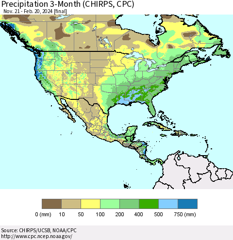 North America Precipitation 3-Month (CHIRPS) Thematic Map For 11/21/2023 - 2/20/2024