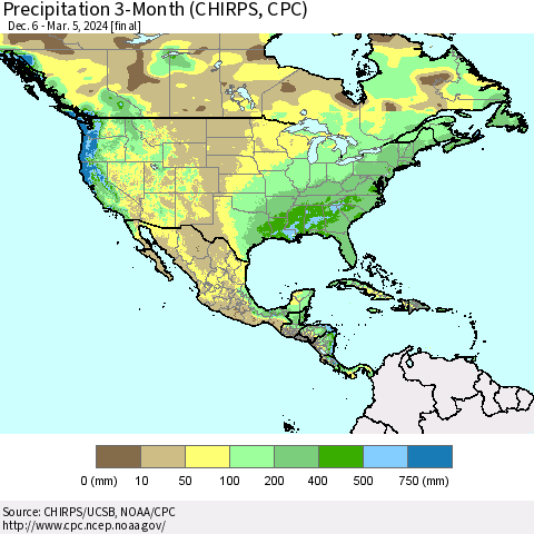 North America Precipitation 3-Month (CHIRPS) Thematic Map For 12/6/2023 - 3/5/2024
