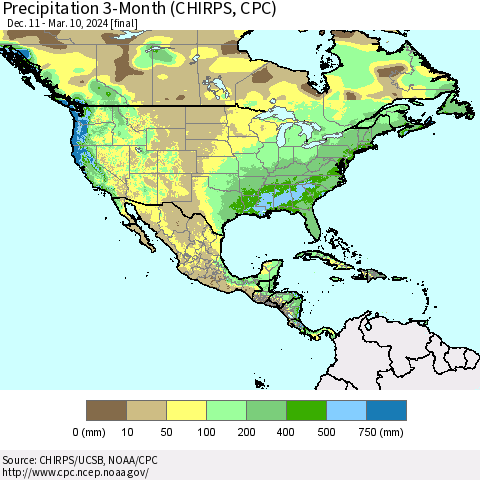North America Precipitation 3-Month (CHIRPS) Thematic Map For 12/11/2023 - 3/10/2024