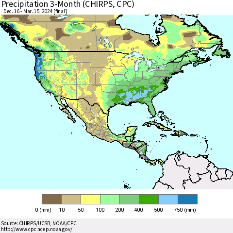 North America Precipitation 3-Month (CHIRPS) Thematic Map For 12/16/2023 - 3/15/2024